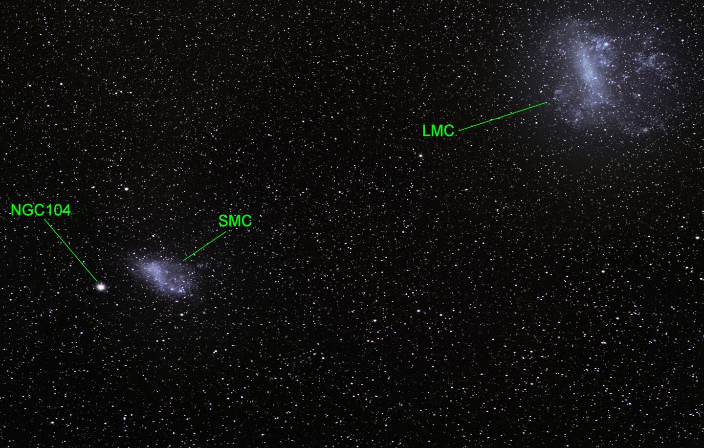 The Large and Small Magellanic Clouds. Note the enormous NGC104 globular cluster to the left of the SMC (Photo: ESO/S. Brunier)