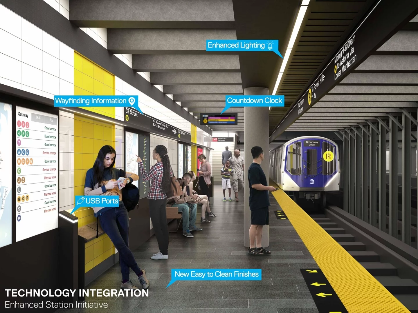 Renovated stations will also feature train arrival countdown clocks, improved cellular connectivity and the addition of Wi-Fi