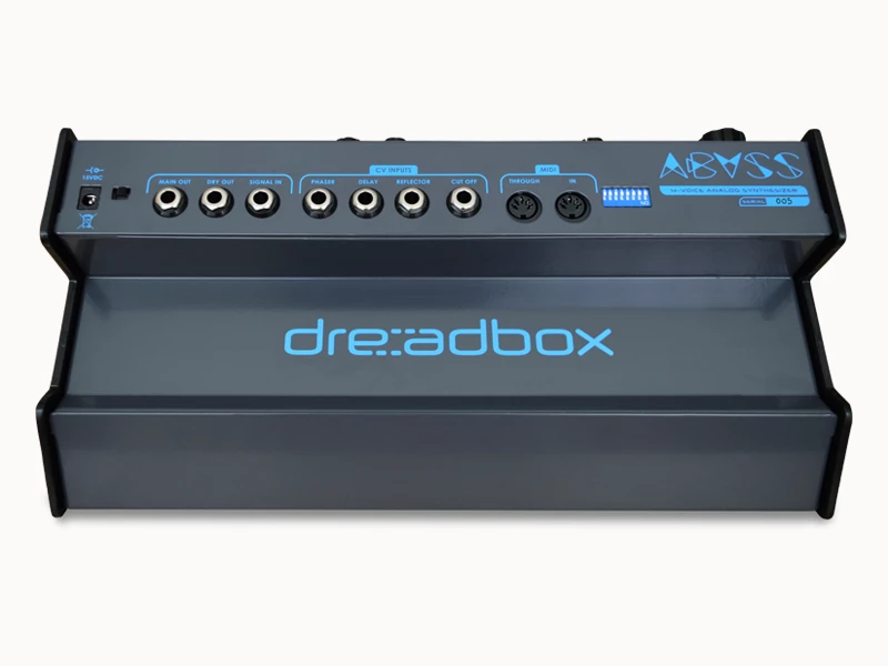 The Abyss offers main and dry audio outs, a signal input, four controlled voltage inputs and MIDI input and through ports