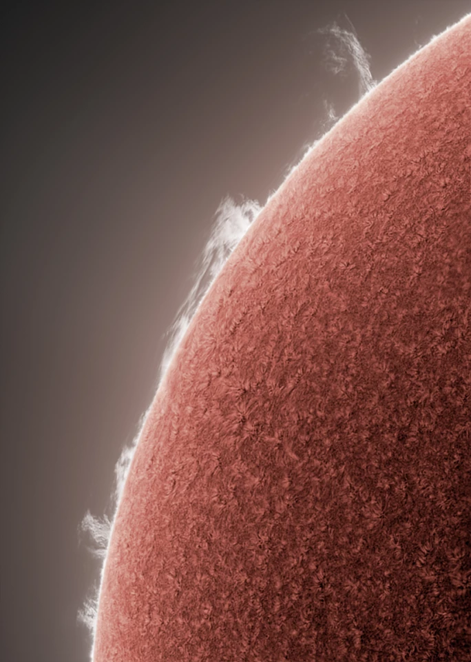 A Little Fireworks, Winner in the Our Sun category. A close-up of the solar limb with what looks like fireworks in the solar minimum period of the Sun’s cycle. A group of prominences are silhouetted against the background of space. Buffalo, New York