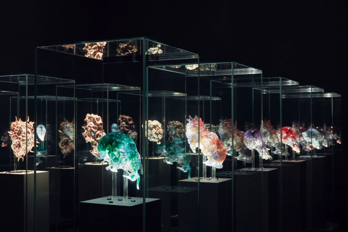 Installation view of Neri Oxman Vespers, Series 1 – 3, masks 1 – 5 2016 on display in NGV Triennial at NGV International, 2017