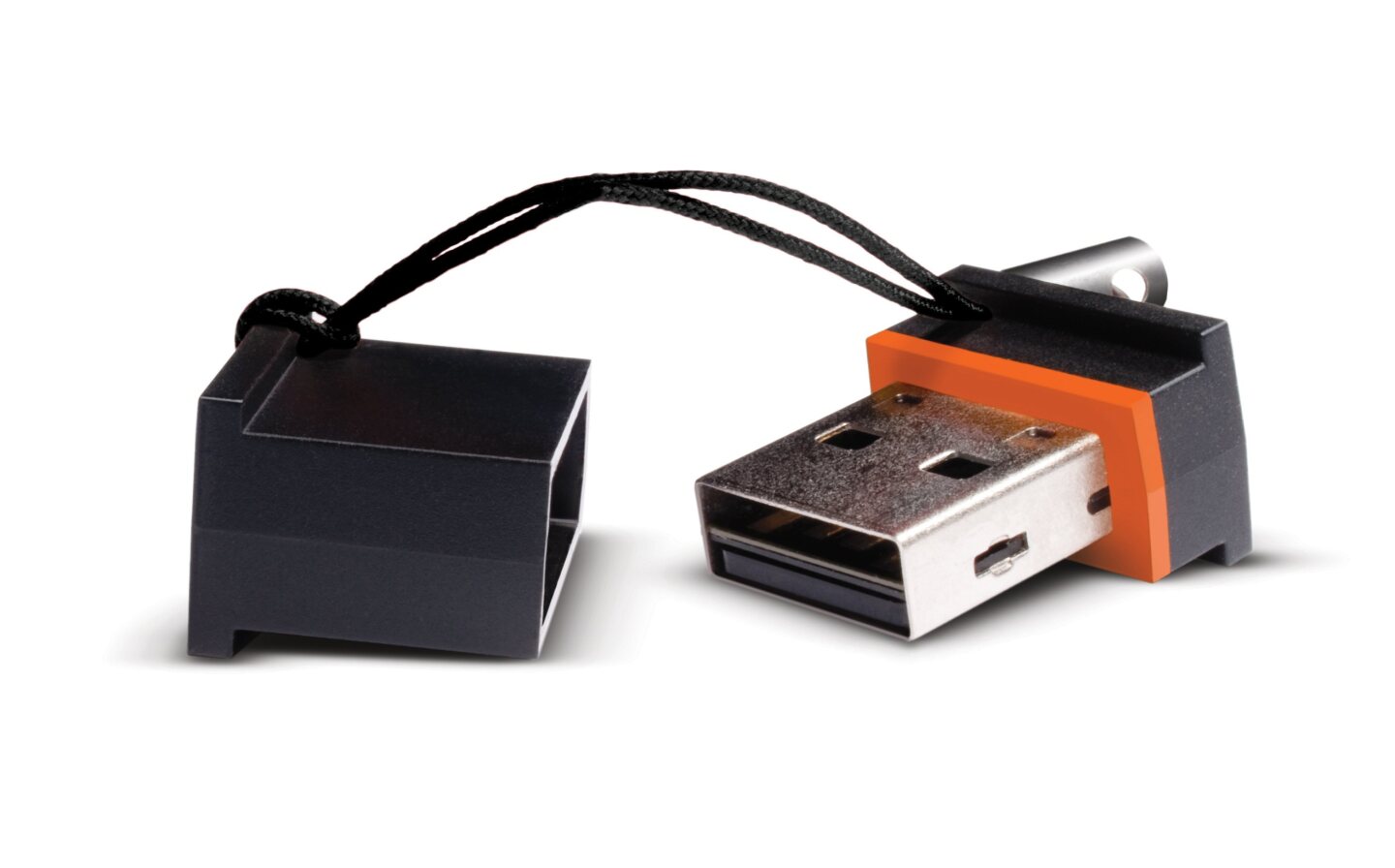 The nylon strap and protective cap of LaCie's MosKeyto USB flash drive