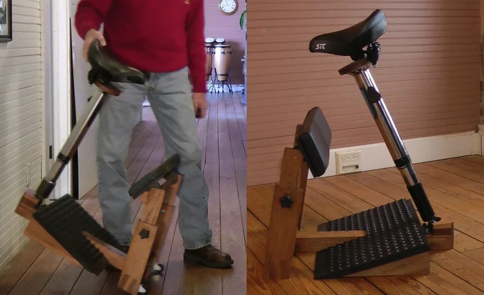The Standing Task Chair is portable, with two small wheels activated by lifting the seat