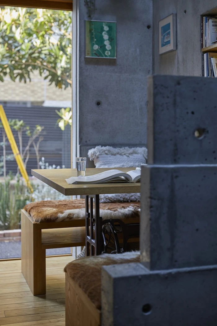 Most of the home's features have been built into the solid structure of the home, including the concrete dining benches