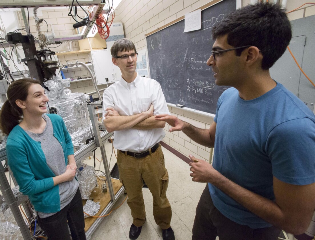 The University of Illinois researchers behind the discovery of excitonium: from left, Mindy Rak, Peter Abbamonte and Anshul Kogar