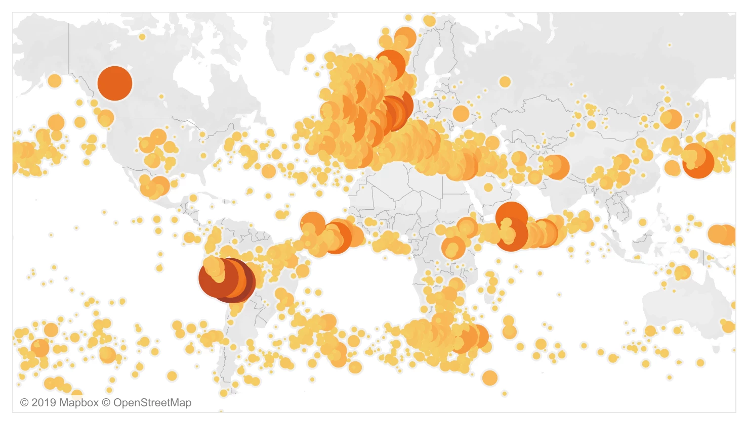 A map of the data gathered by Holzworth and his team, showing lightning strikes whose energy was over a million joules, which qualified them as superbolts