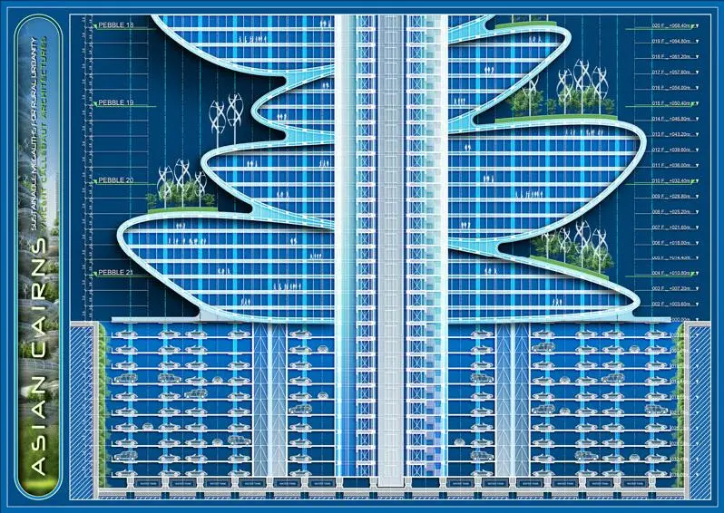 The main tower would link each section and essentially transform each building into a self-sufficient community, reducing the need for much outside travel and decreasing carbon emissions in the area as a result