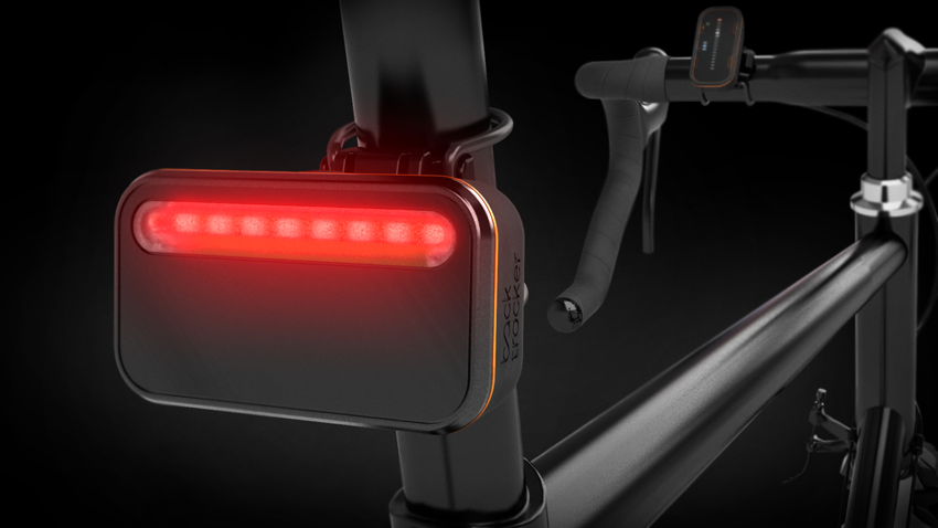 The rear module contains the radar antenna, and features a tail light that blinks more rapidly as vehicles approach
