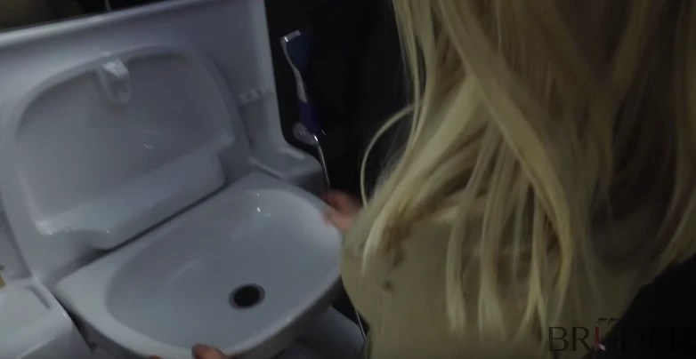 The bathroom includes a toilet, shower and flip-down sink