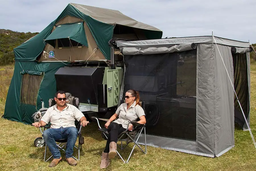 Fold-out tent with king-size mattress option