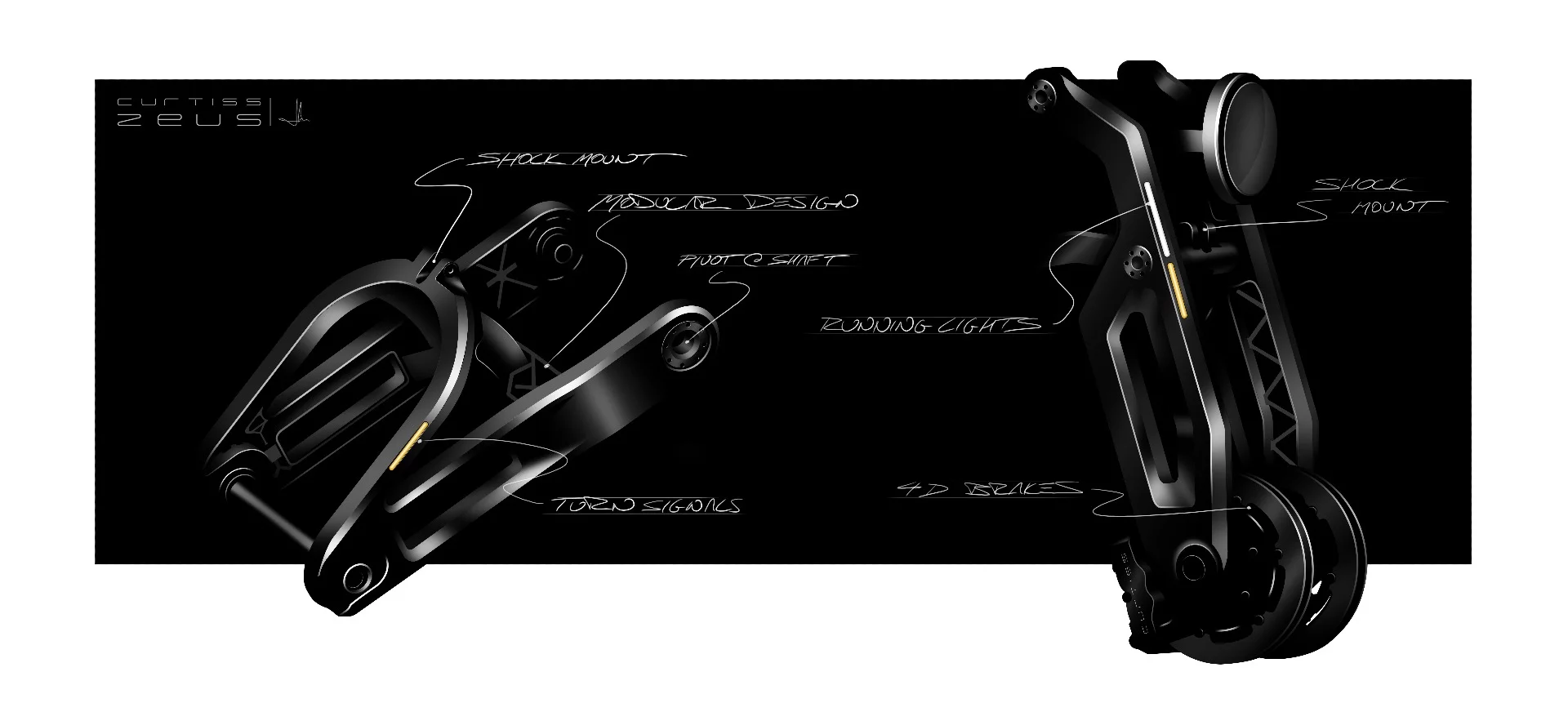Design drawing of the Curtiss Zeus electric motorcycle