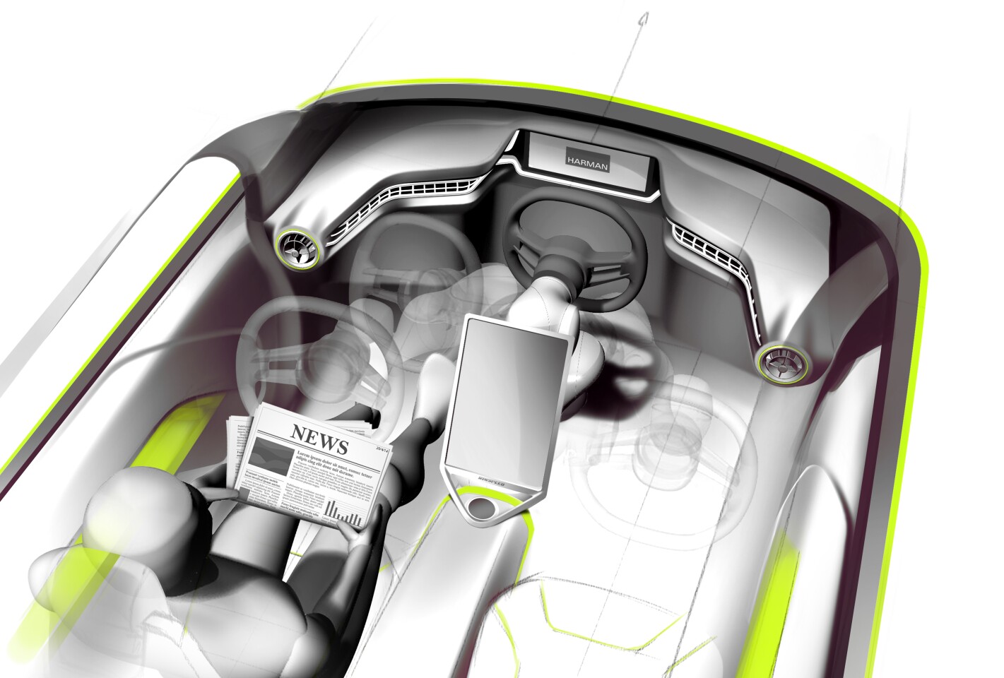 Rendering of the Budii interior and its adjustable steering wheel