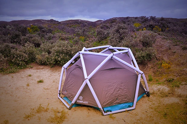 The inflatable geodesic "Cave" tent from Heimplanet
