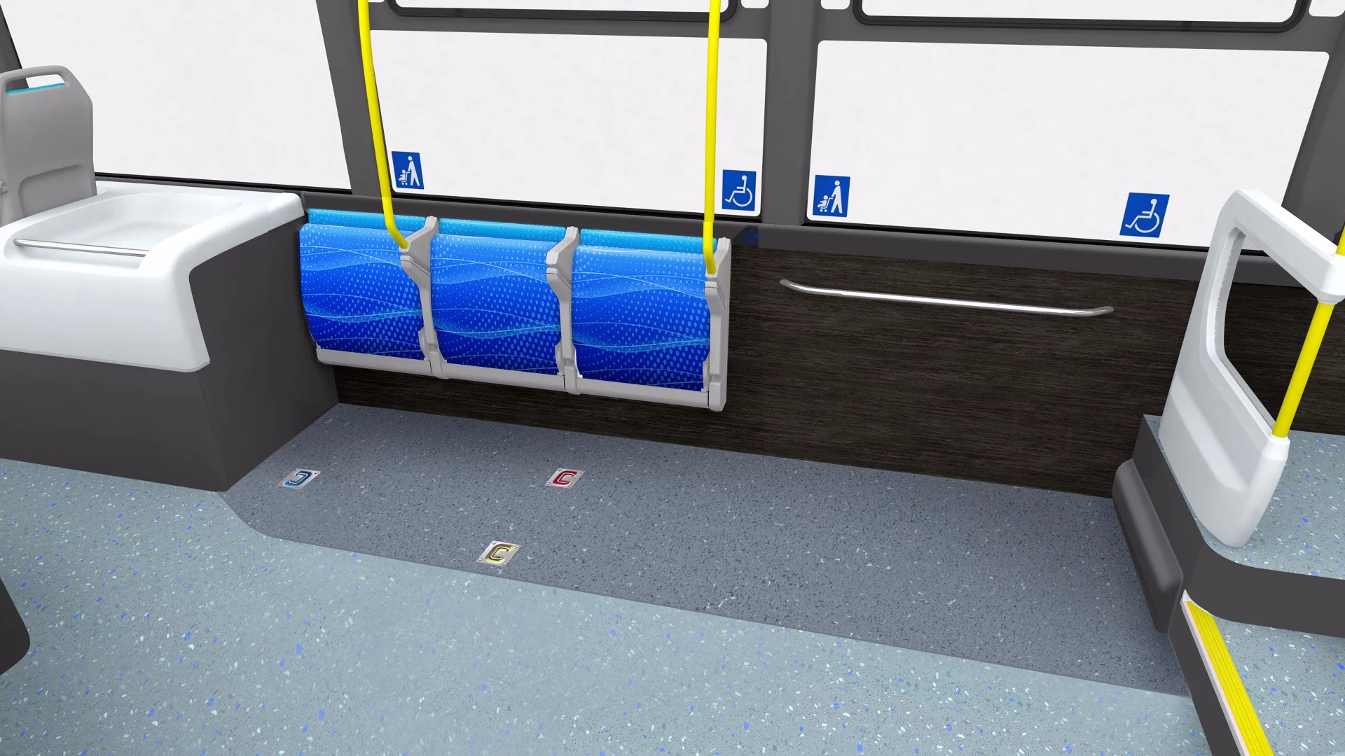 Horizontal seating in the Sora can be folded up to allow strollers or wheelchairs to occupy their space