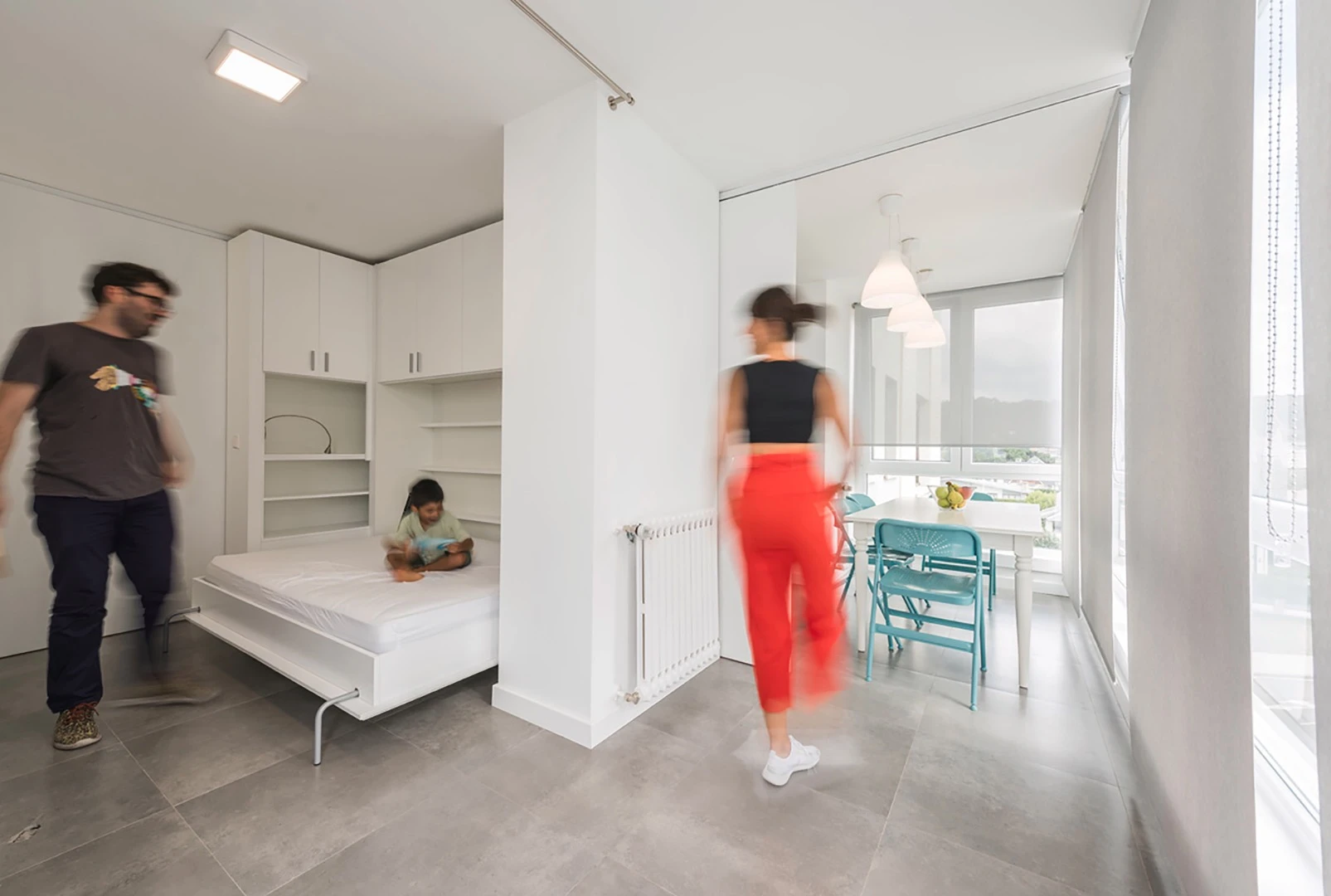 The movable units are set on wheels and guided by rails