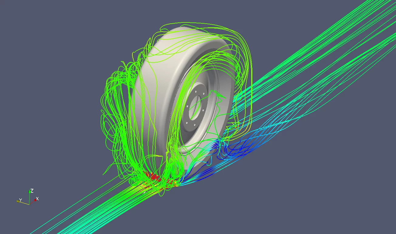In a simulation run at the Ohio Supercomputer Center, an isolated view of a wheel on the Buckeye Bullet illustrates airflow within the wheel well with the vehicle traveling at 300 mph