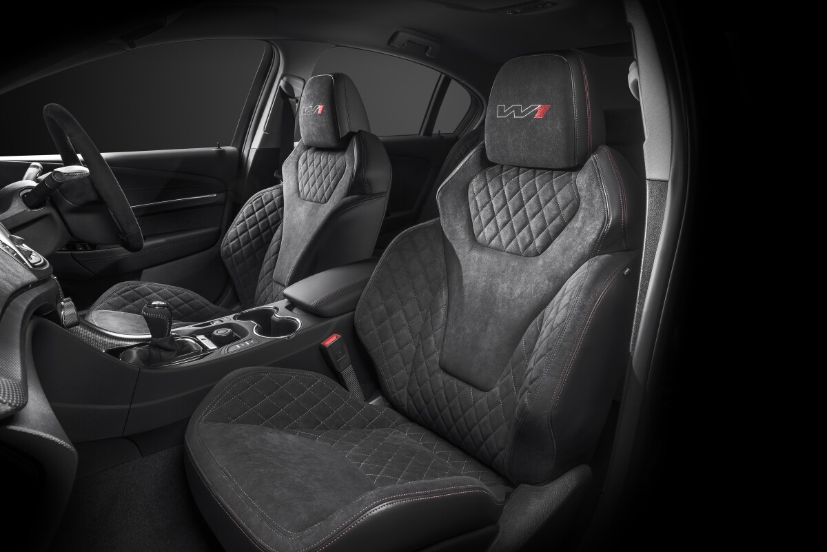 The podium seats in the cabin of the GTS-R W1 are trimmed in quilted Alcantara