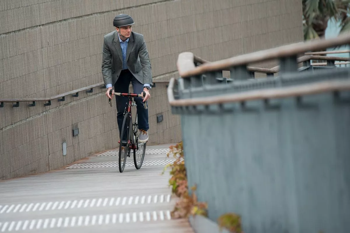 When it's on your head, the Fuga looks sort of like a cross between a jockey helmet and those hats worn by the 80s band Devo