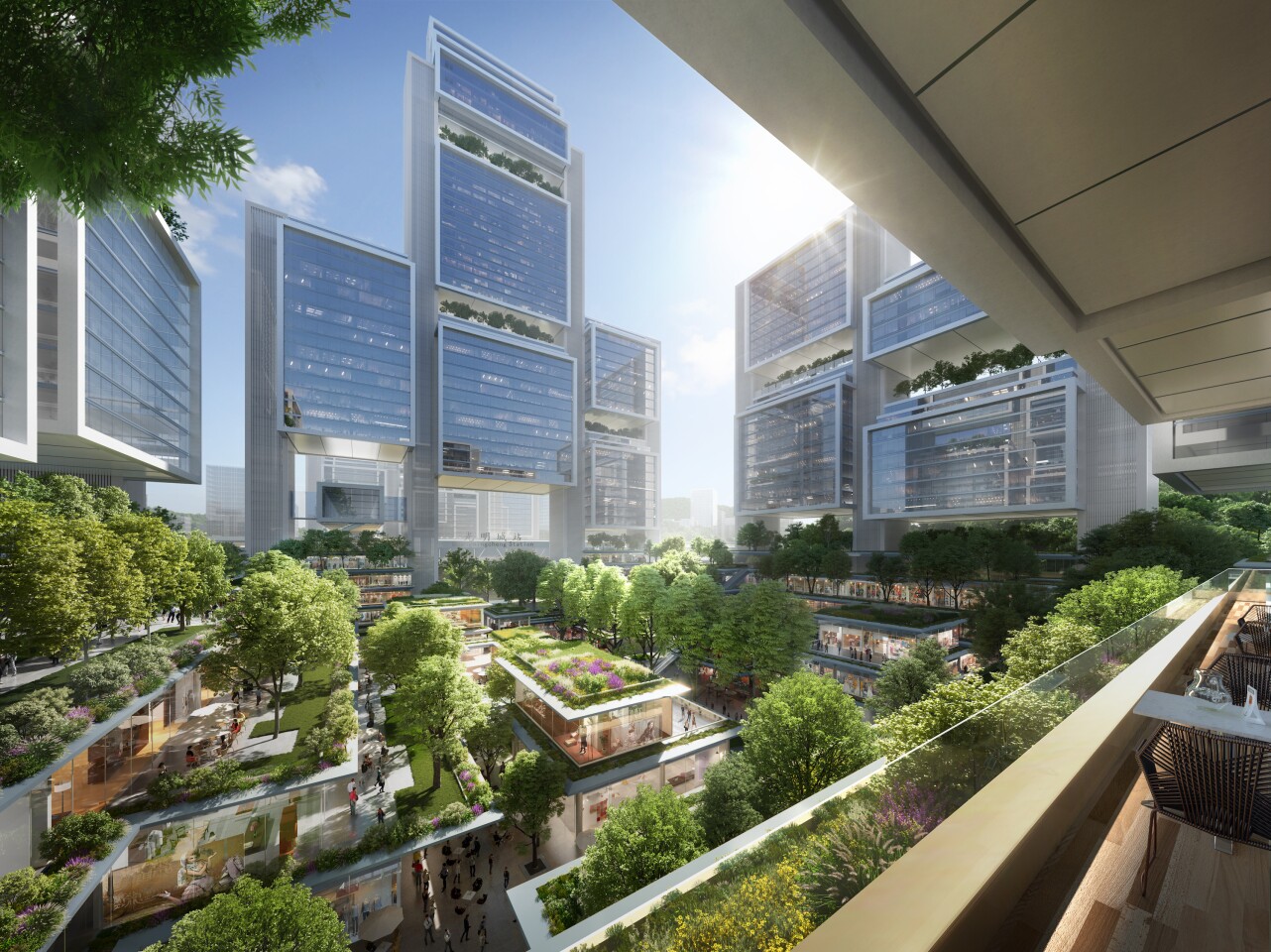 Guangming Hub's renders show the towers sporting multiple greenery-covered terraces and roofs