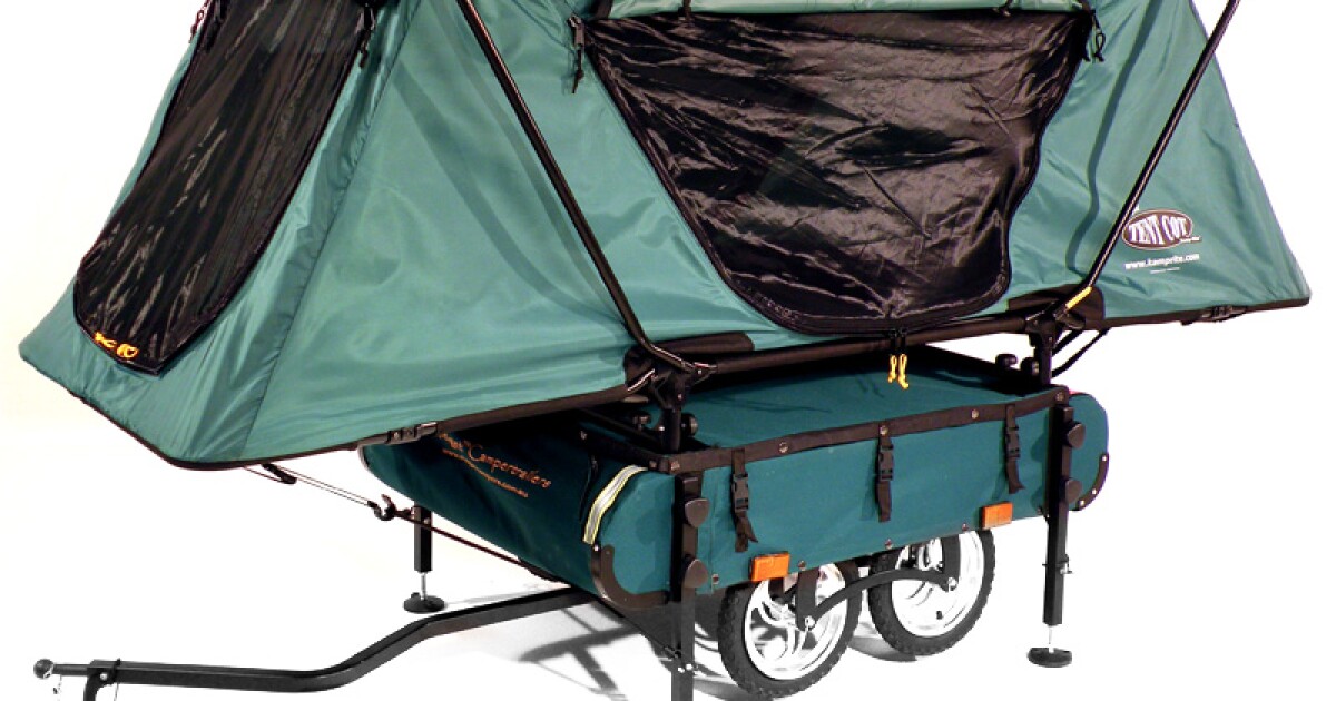 Midget Bushtrekka bicycle trailer with tent affords aboveground sleeping