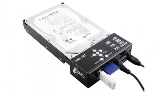 The Brando SATA HDD Multi-Media Player Adapter works with SATA hard drives, SDHC cards, and USB storage devices