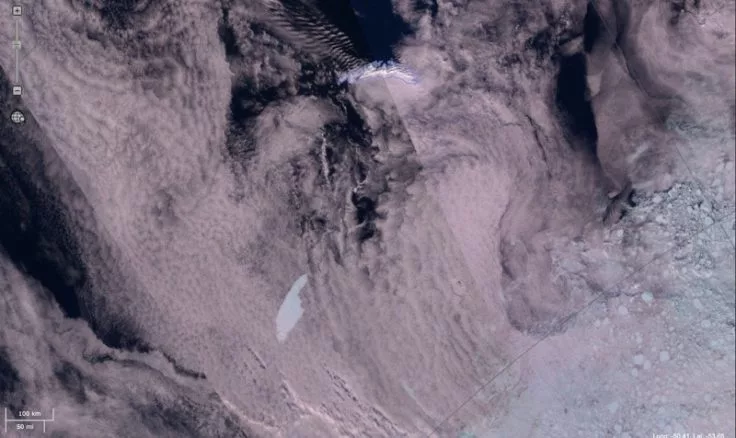Satellite image of A68a, which resembles a pointed finger, as it heads towards South Georgia