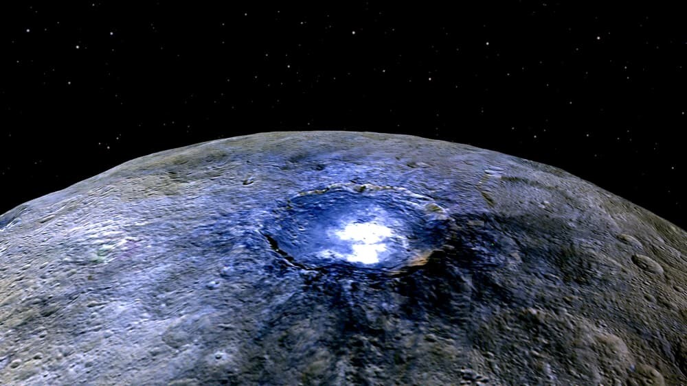 False-color representation of Ceres' Occator crater, designed to highlight differences in surface composition