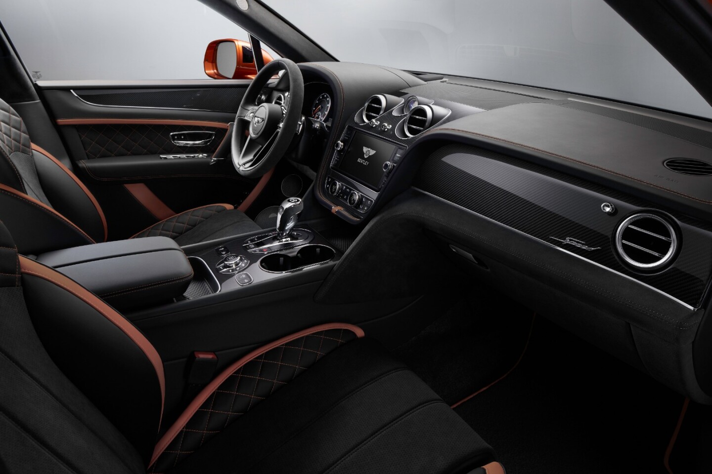 The interior of the Speed model Bentayga includes Alcantara materials, a first for the Bentley brand
