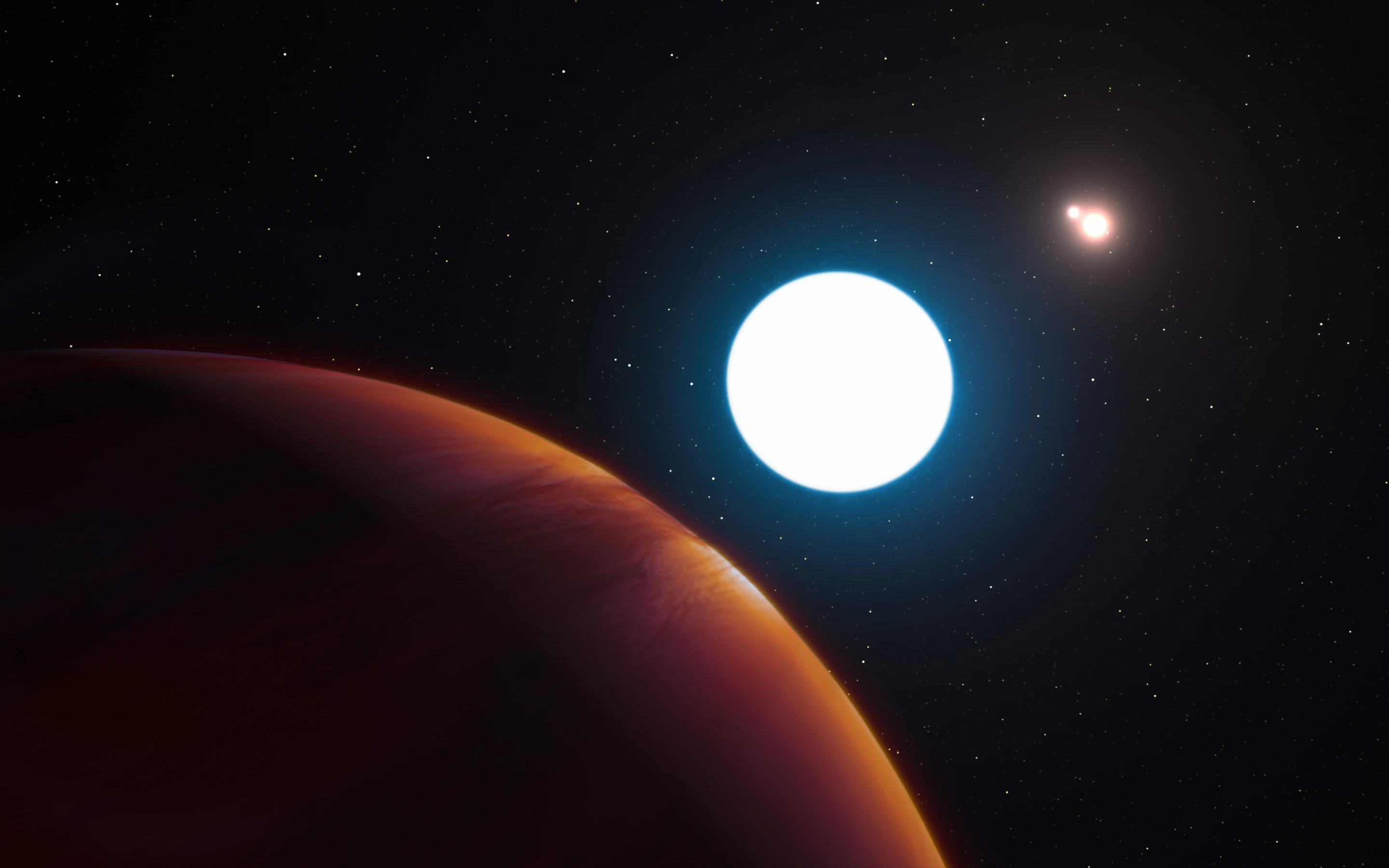 Artist's impression of the exoplanet HD 131399Ab orbiting within the triple star system