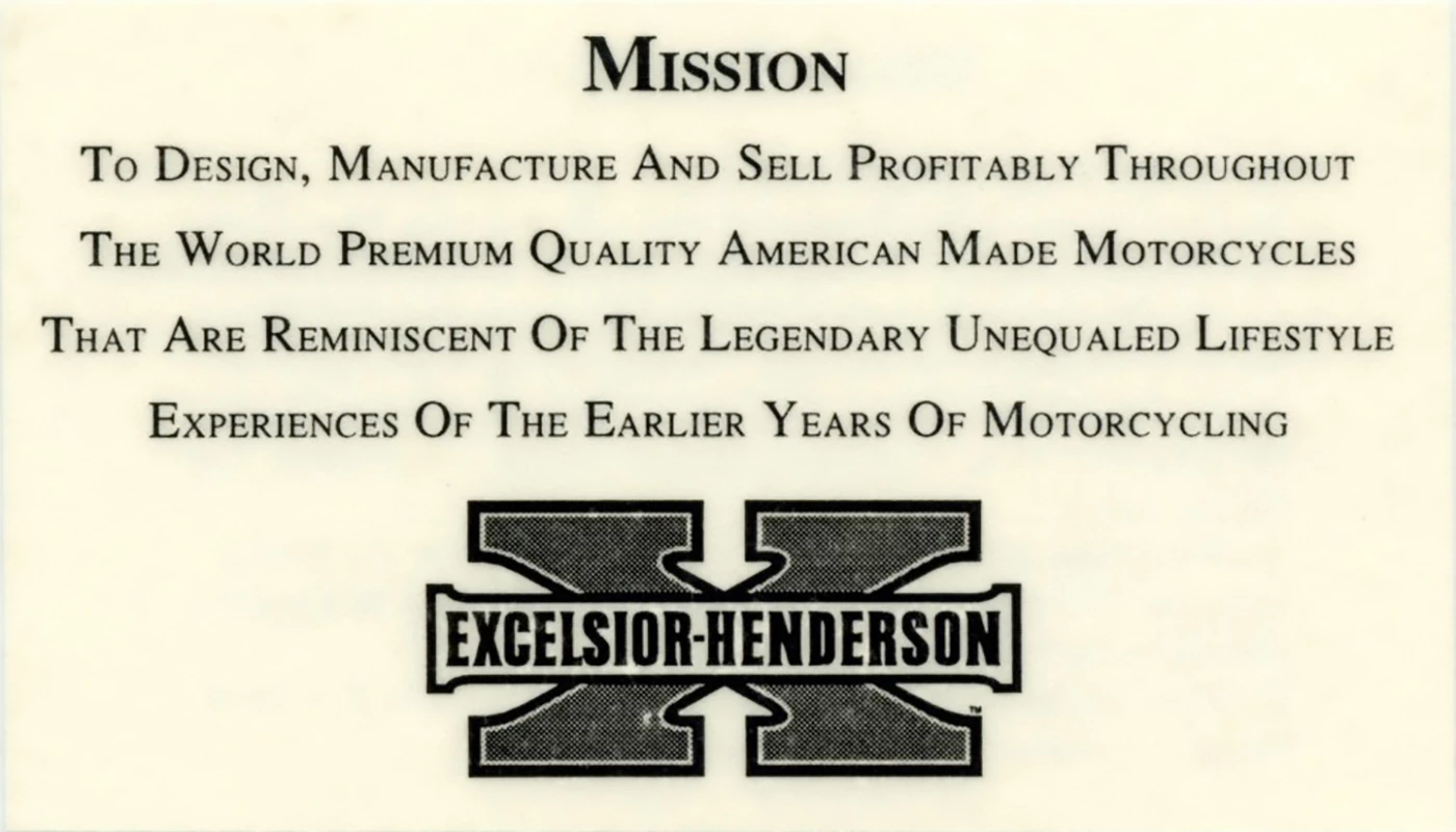 The Mission Statement of the Excelsior-Henderson company, which is going to auction