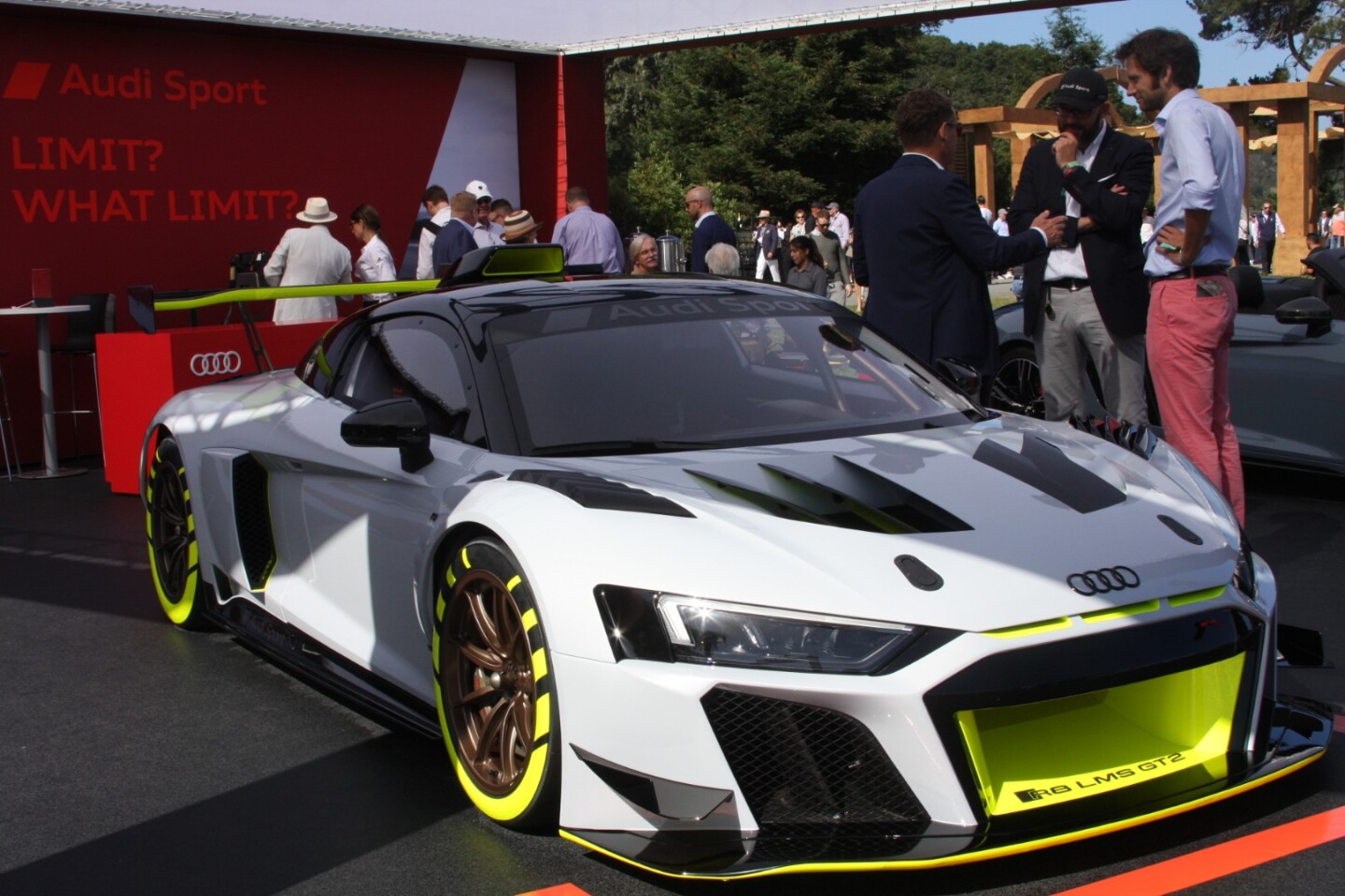 Audi showed its R8 LMS GT2 customer race car at the Goodwood Festival of Speed last month, so the Quail appearance was only a North American debut, but it turned heads just the same. The R8 LMS GT2 is a track-only, race-ready, 640 hp V10 based on the R8 Spyder with extreme aerodynamics