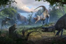 A pack of Nanotyrannus brazenly attacks a juvenile T. rex