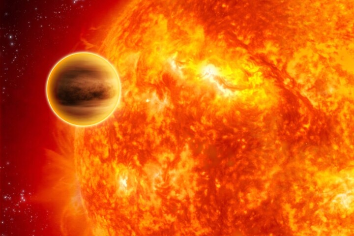 Artists impression of a gas giant exoplanet passing across the face of its star