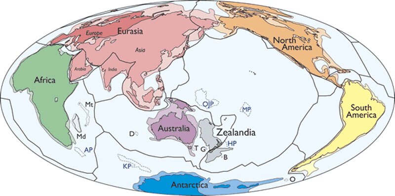 Map of Earth's continents, with Zealandia shown in gray