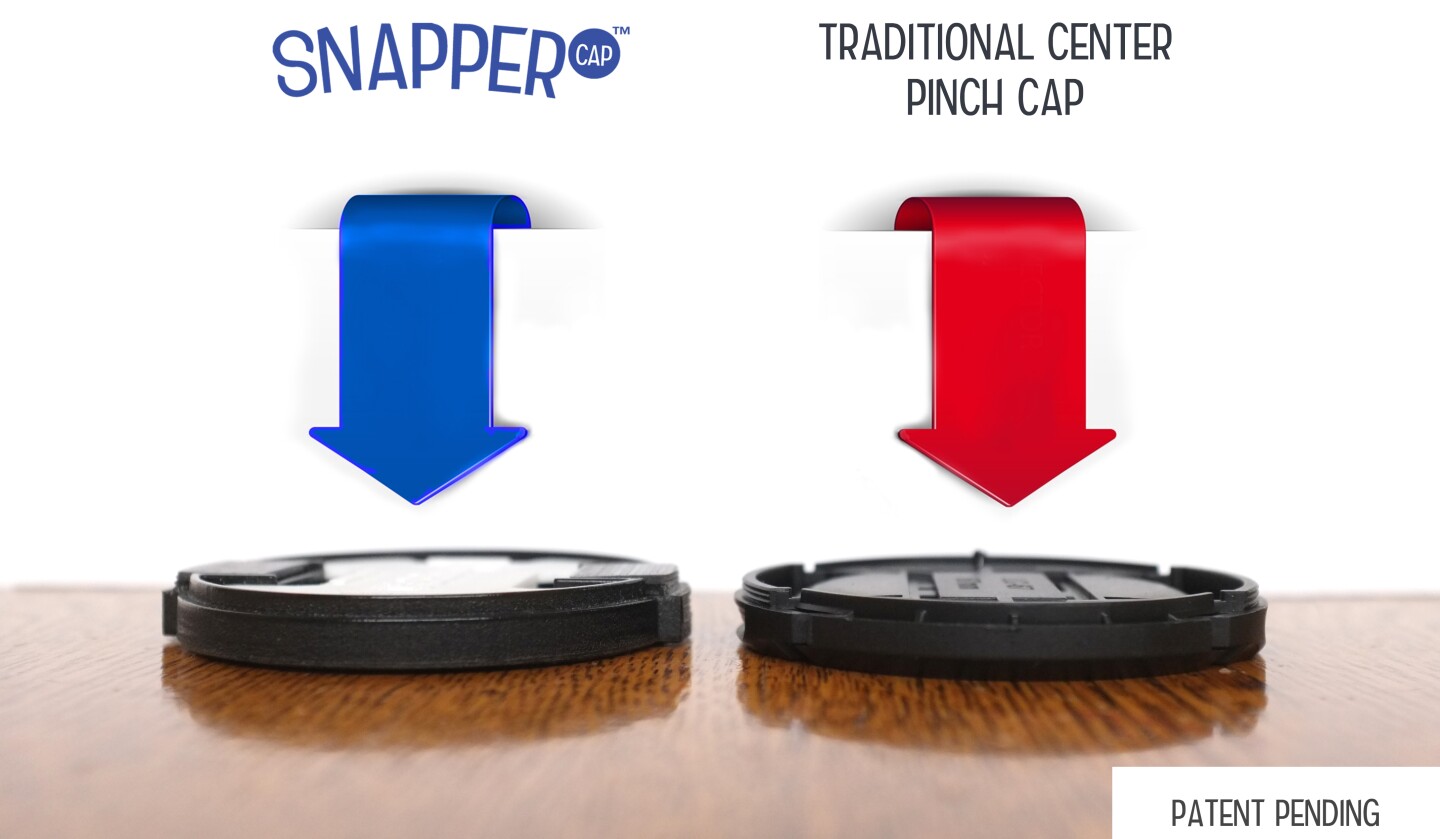 The Snapper Cap uses a squeeze lens cap (rather than a pinch one) to retain a slim profile