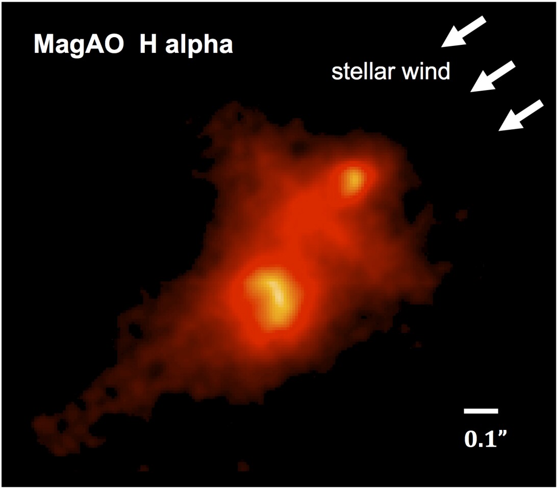 This Magellan Clay OA photo shows the young binary star LV 1 bent and bowed by the stellar wind and UV light arriving from Theta 1 Ori C (Photo: Ya-Lin Wu, University of Arizona)