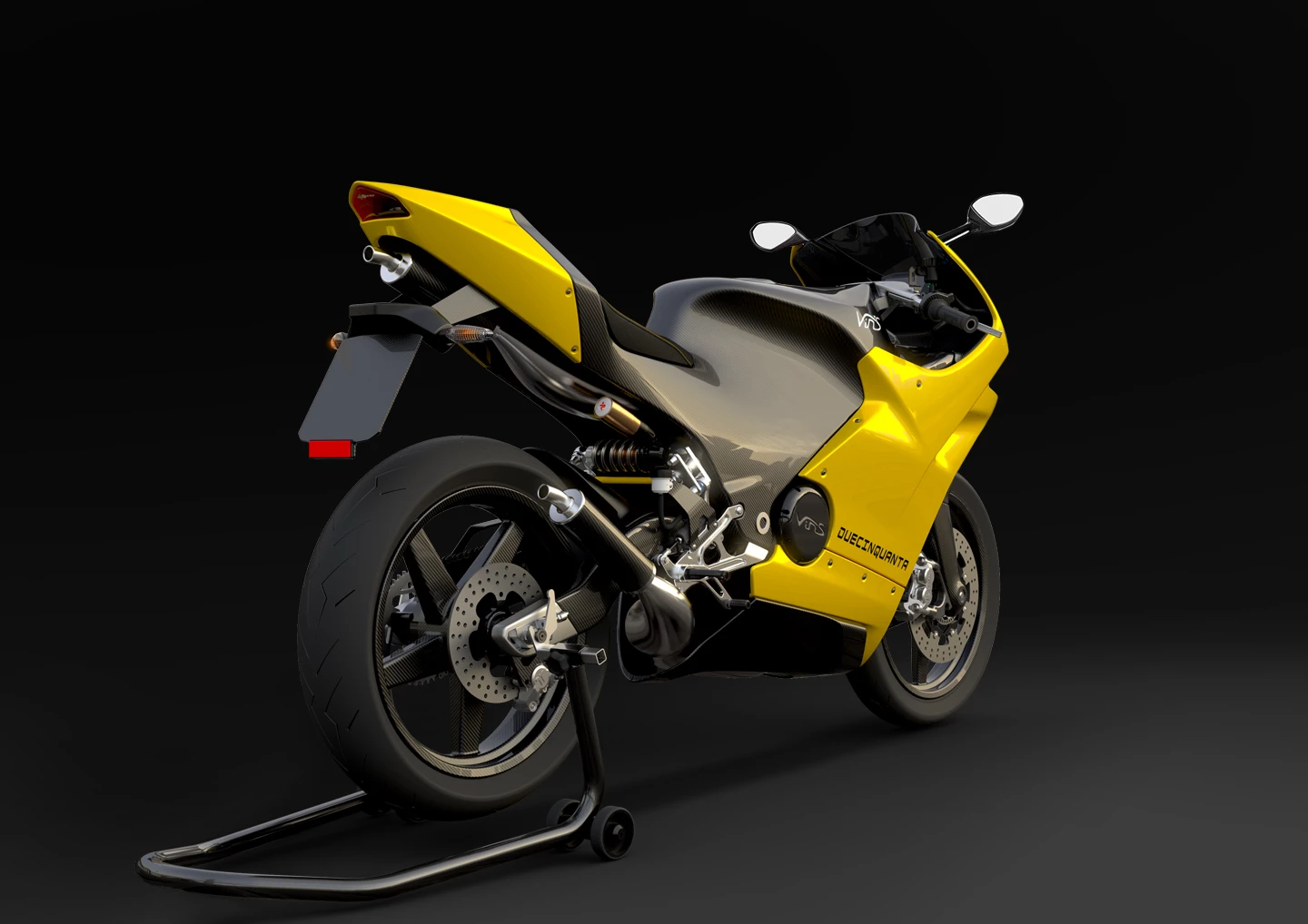 Vins Duecinquanta: rear shock lies horizontal and sideways