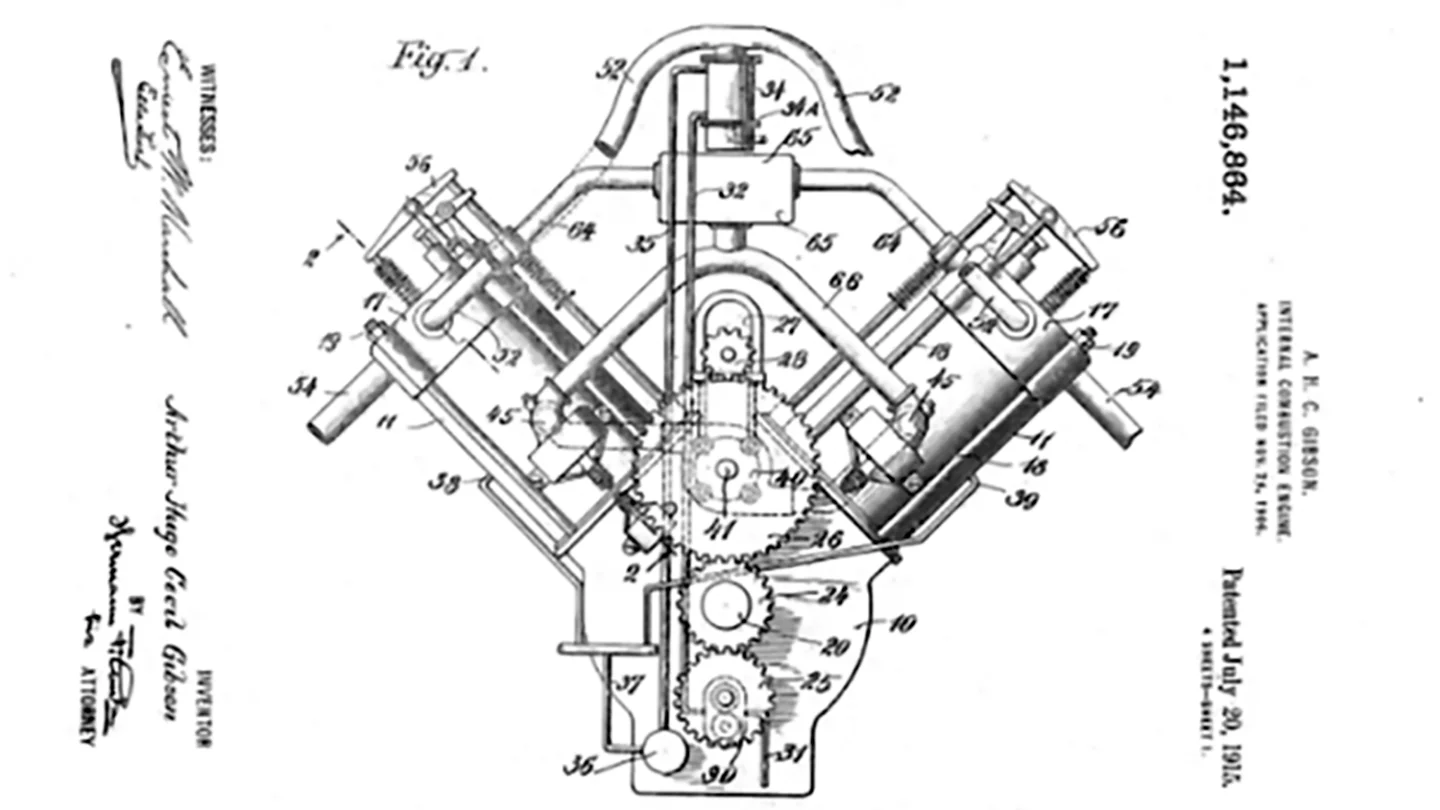 One of Gibson's patent applications was a water-cooled, 90 degree v-twin (sound familiar?) engine for aviation work and "other purposes where minimum weight is desired." The engine has three valves (two intakes), fuel injection ("liquid hydrocarbon introduced through a spray nozzle"), oil cooler, ("refrigerator"), and a pressurized crankcase that assisted through a series of valves with introducing extra air during the intake stroke and the exhaust for scavenging, and the piston in the four-stroke engine is stepped to also act as a pump or compressor piston. That's pretty impressive considering Gibson applied for this patent in 1909. The Old Motor has images of the engine which Gibson constructed.