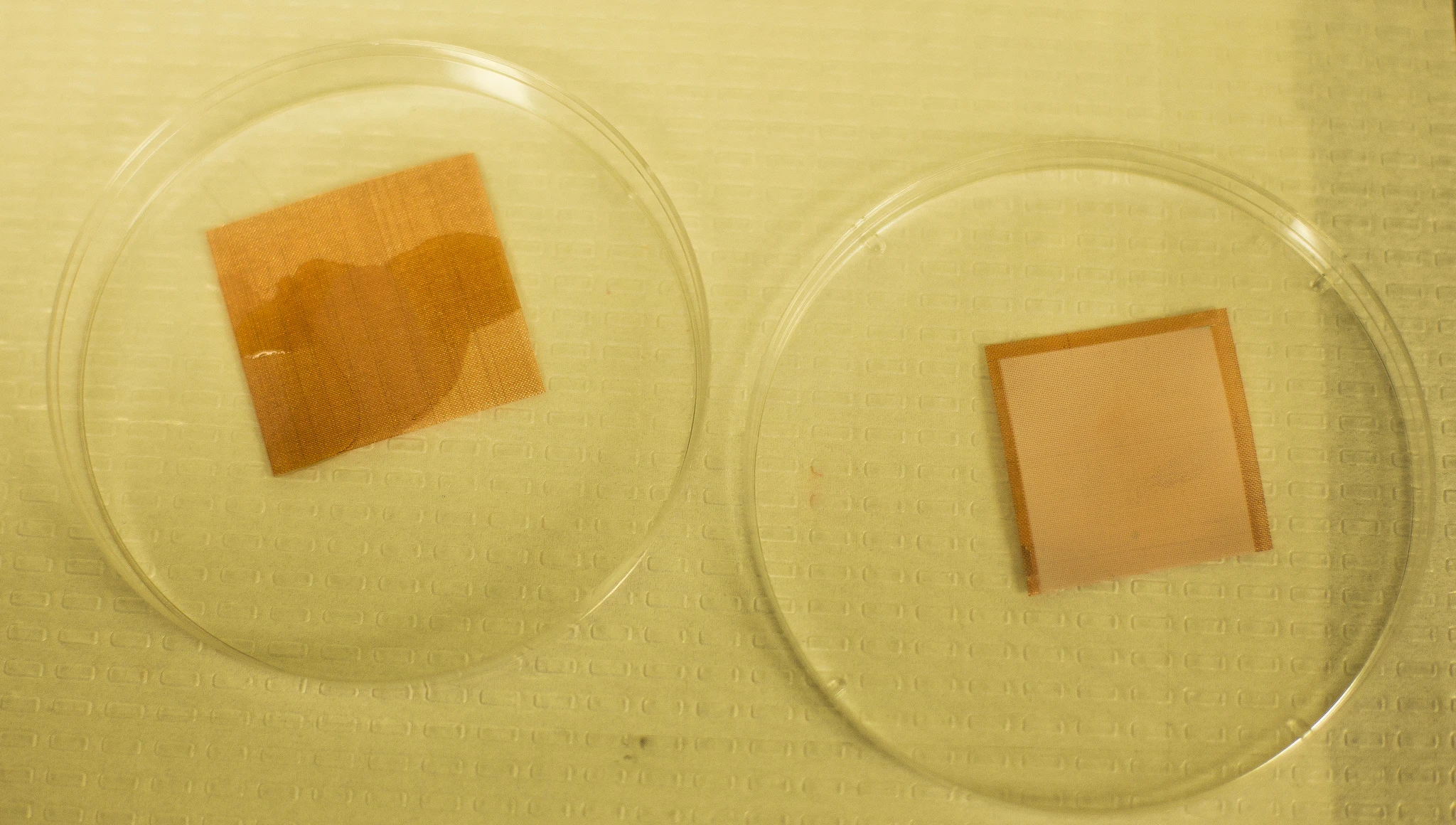 An uncoated tile of screen is wetted by liquids, but a treated piece remains dry (Photo: Joseph Xu)