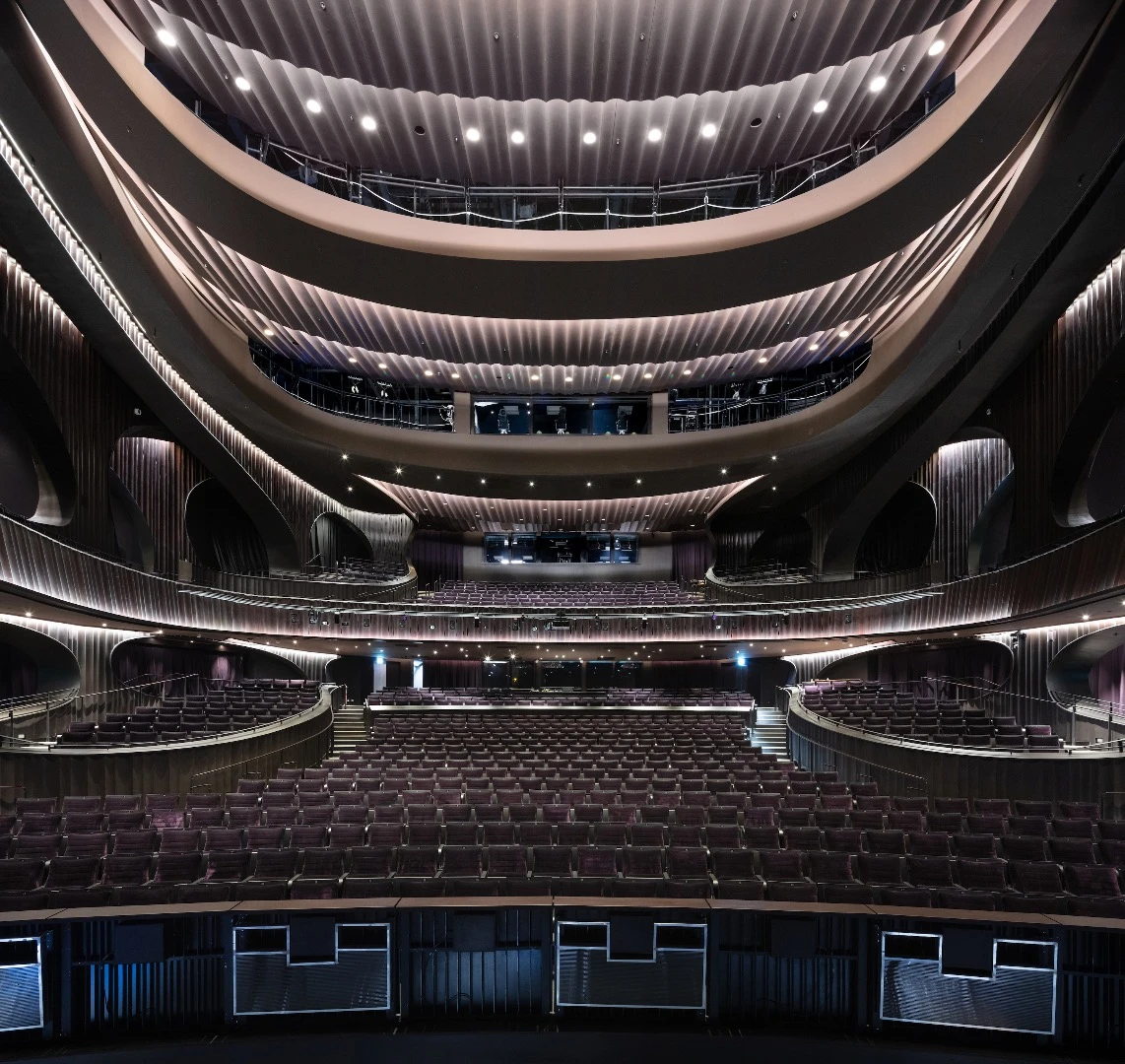 The Xiqu Centre's 1,073-seat Grand Theatre is suspended above the ground
