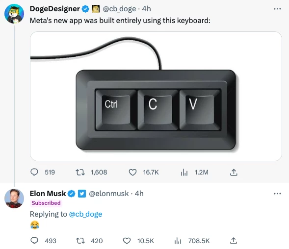 Elon Musk, meanwhile, replied to jokes about Threads being a Twitter clone