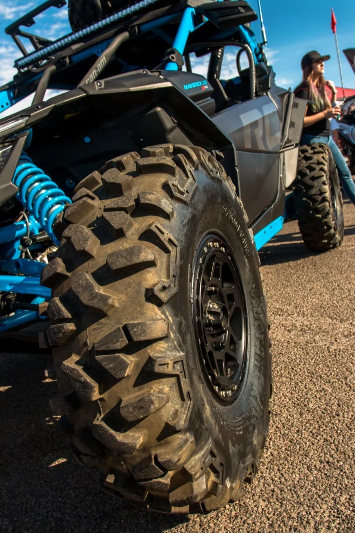 Aftermarket 34 inch Rocktain tires on this Can Am Maverick X3 X RC look pretty meaty and give the already tall X RC two more inches of ground clearance