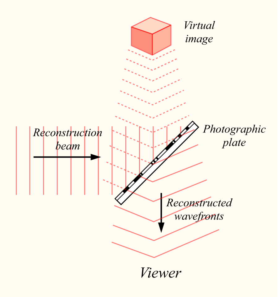 Viewing a Hologram: A reconstruction beam of laser light is directed onto the hologram at the same angle as was the reference beam during the original exposure. The reconstruction beam is diffracted by the hologram, and produces a virtual image of the object at the original location (Image: Bob Mellish via Wikipedia)