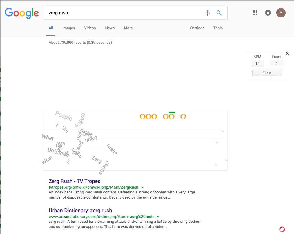 The Zerg Rush Easter egg has you frantically clicking o's before they destroy your search results