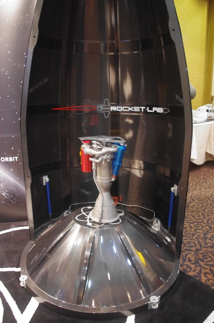 This is the Rutherford engine developed by Rocket Lab, a company that is seeking to provide customers frequent rocket launch opportunities using its Electron carbon-composite vehicle. "Rutherford adapts an innovative electric propulsion cycle, making use of brushless DC electric motors and high-performance lithium polymer batteries to drive its turbo pumps," says the company. "Rutherford is also the first oxygen/hydrocarbon engine to use additive manufacturing for all primary components, including the regeneratively cooled thrust chambers, injector, pumps and main propellant valves."