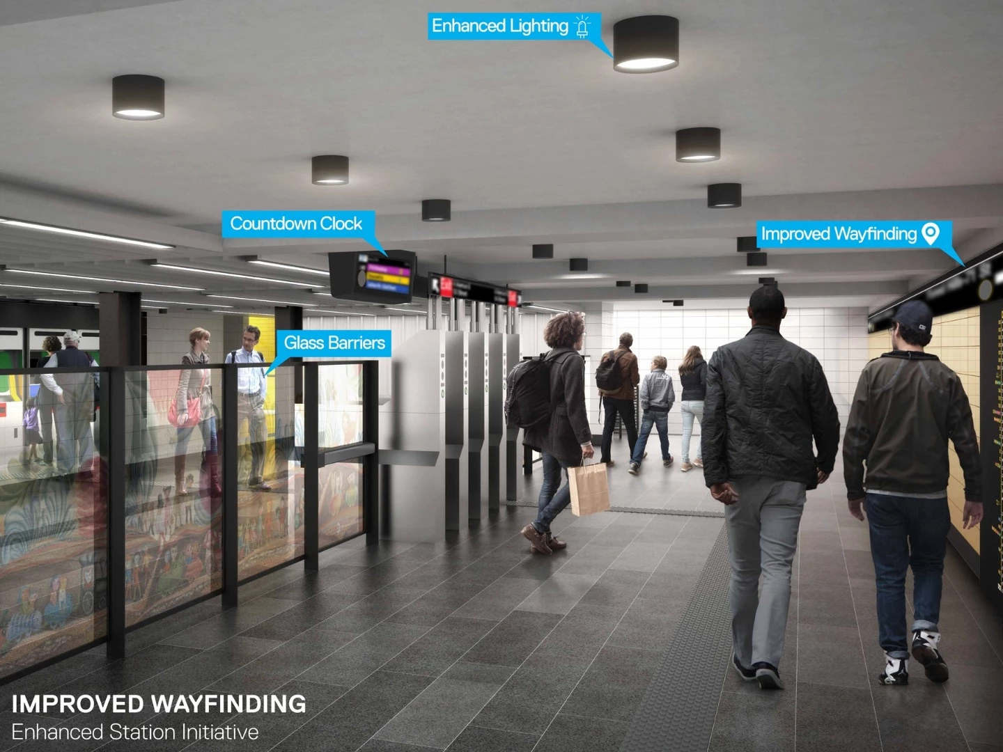 Station improvements will include enhanced lighting and refined wayfinding with digital real-time signage