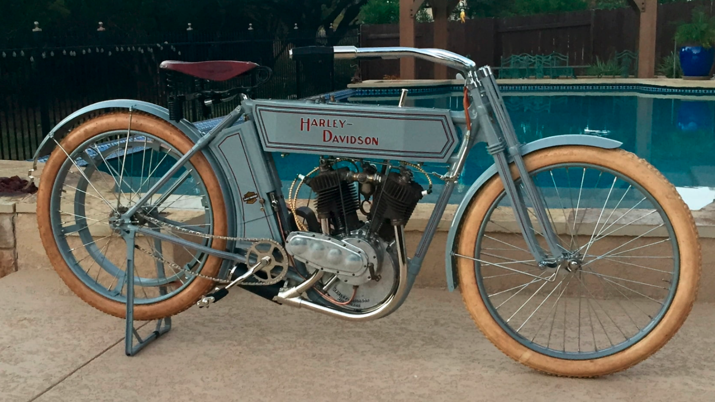 Harley-Davidson began producing a single-cylinder 500cc machine in 1905, and while a twin-cylinder motorcycle appeared in Harley-Davidson's press as early as 1908, there is no record of a twin-cylinder machine being sold until the Model 7D appeared in 1911. This bike is an incredibly rare survivor, with matching case and cylinder serial numbers, of that first year production of which few remain. For Harley aficionados, this is considered by some to be the Holy Grail of collectible early American motorcycles. It was the second most valuable motorcycle to change hands in Las Vegas in 2018 at $154,000