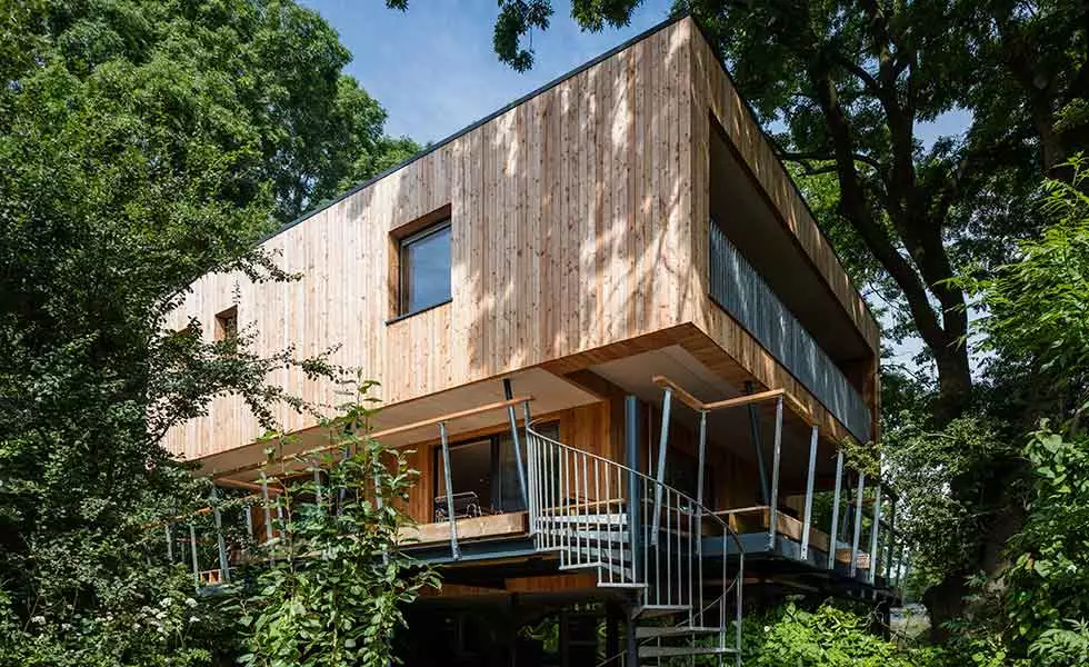 Dursley Treehouse is a stunning family home built above a series of screwpiles, specifically designed for minimal impact on the ground