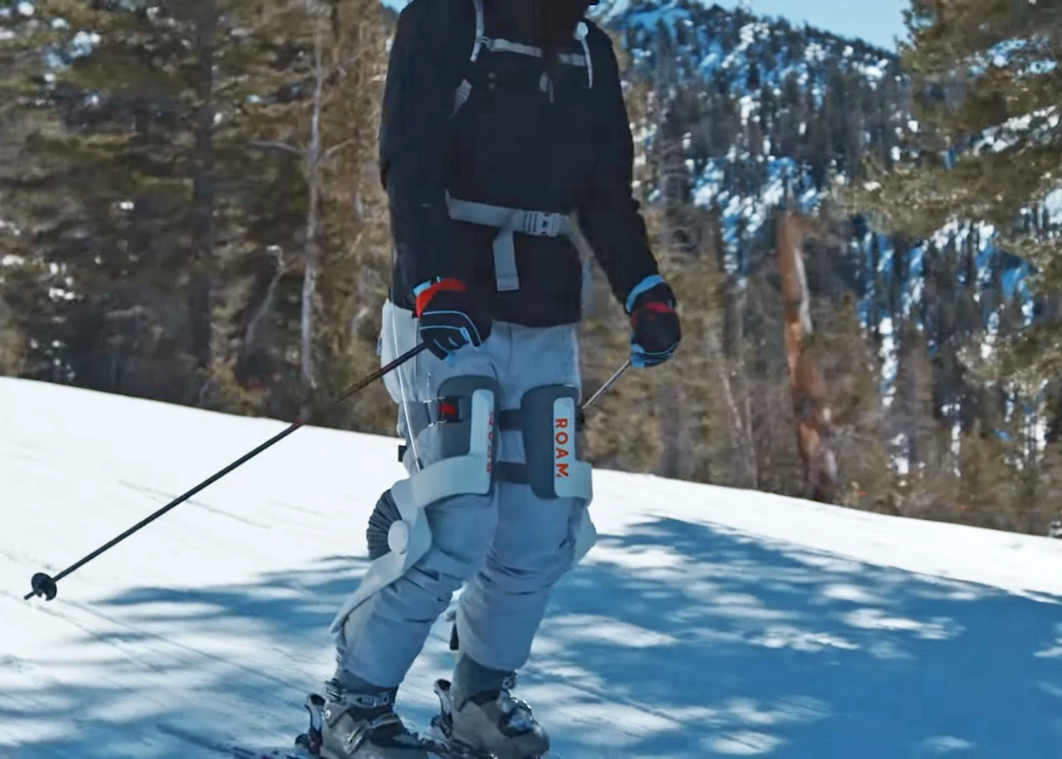The Roam Robotics exoskeleton can provide support for skiers of all experience levels