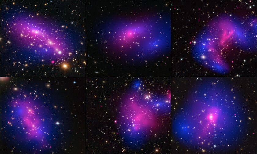 A collage of galaxy clusters with dark matter maps in blue and x-ray visible gases in pink (Image: NASA/ESA)